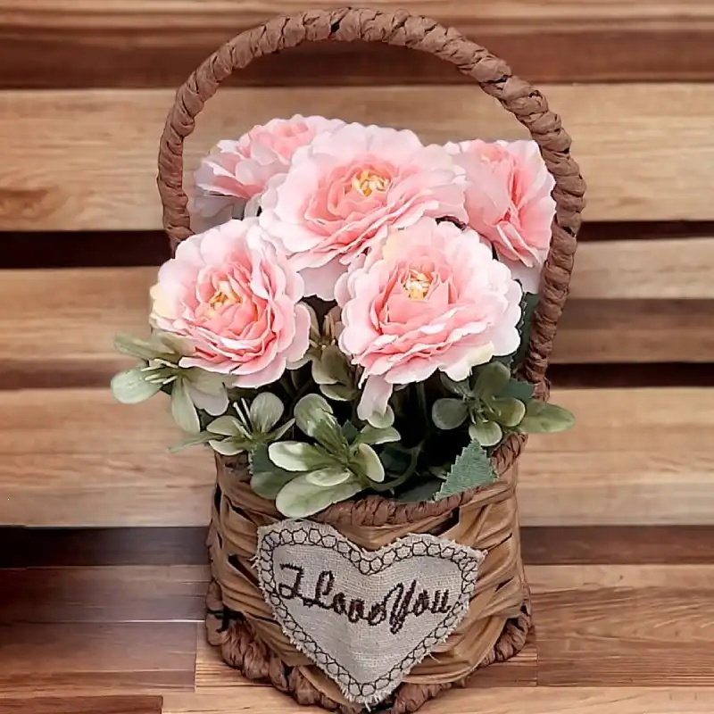 Panier Florale Artificiel avec des Fleurs Rose Saumon