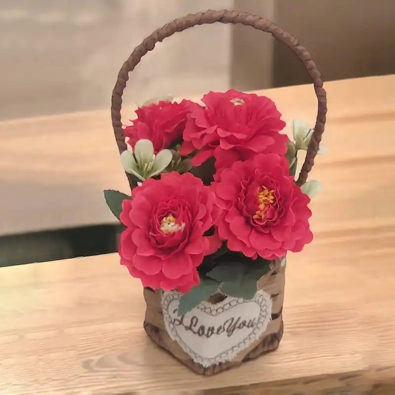 Panier Florale Artificiel avec des Fleurs Rouge