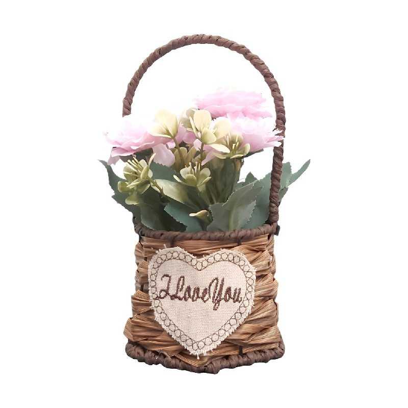 Panier Florale Artificiel avec des Fleurs Rose Dragée