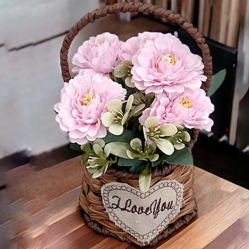 Panier Florale Artificiel avec des Fleurs Rose Dragée