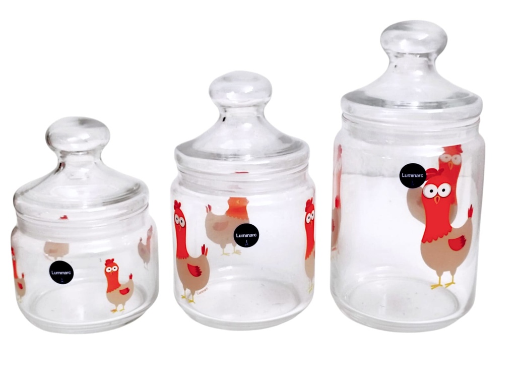 Ensemble de 3 Bocaux Hermétiques en Verre LUMINARC Motif POULE (1000 ml, 750 ml, 500 ml)