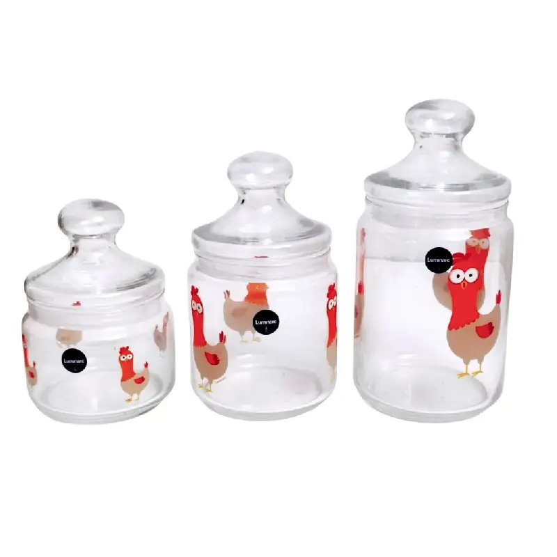 Ensemble de 3 Bocaux Hermétiques en Verre LUMINARC Motif POULE (1000 ml, 750 ml, 500 ml)