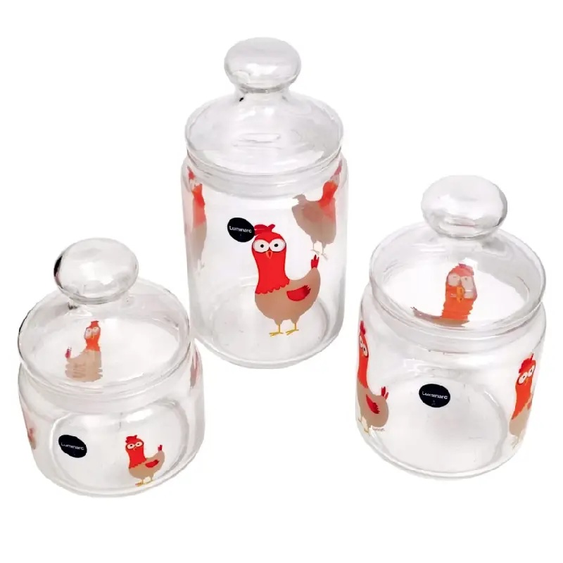 Ensemble de 3 Bocaux Hermétiques en Verre LUMINARC Motif POULE (1000 ml, 750 ml, 500 ml)