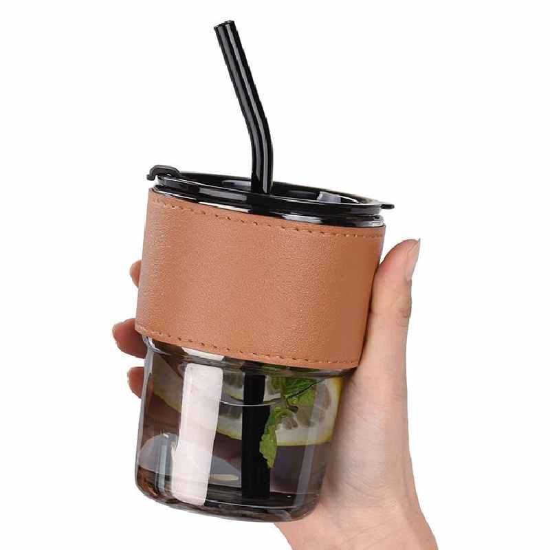 Tasse en verre avec revêtement en cuir résistant à la chaleur, paille en verre et couvercle antifuite-340 ml