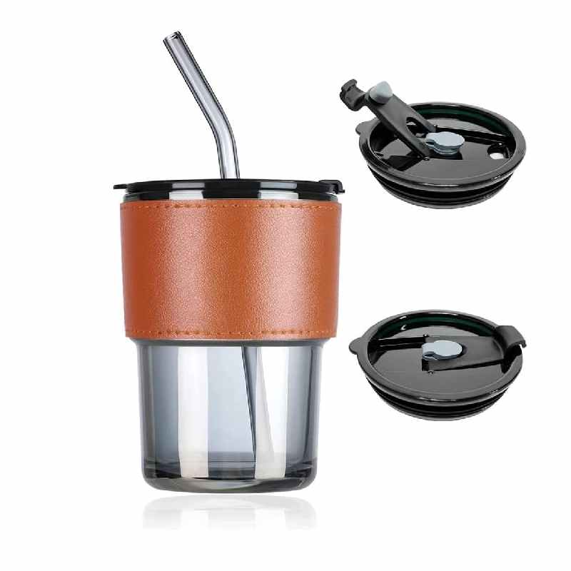 Tasse en verre avec revêtement en cuir résistant à la chaleur, paille en verre et couvercle antifuite-340 ml