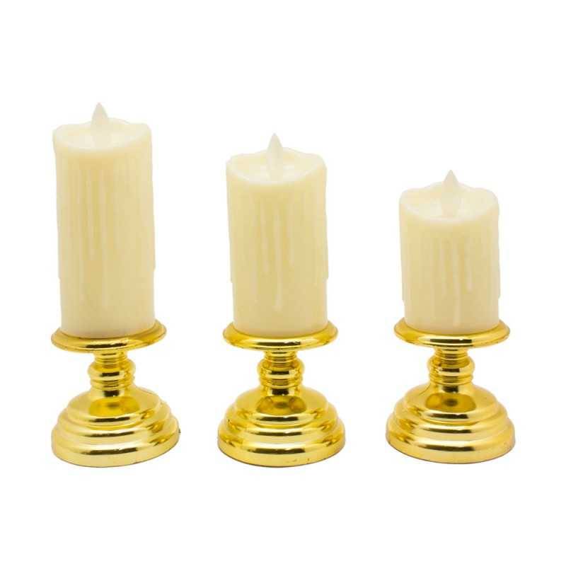 Lot de Trois Bougies dorées grand taille à piles sans flamme à LED en plastique