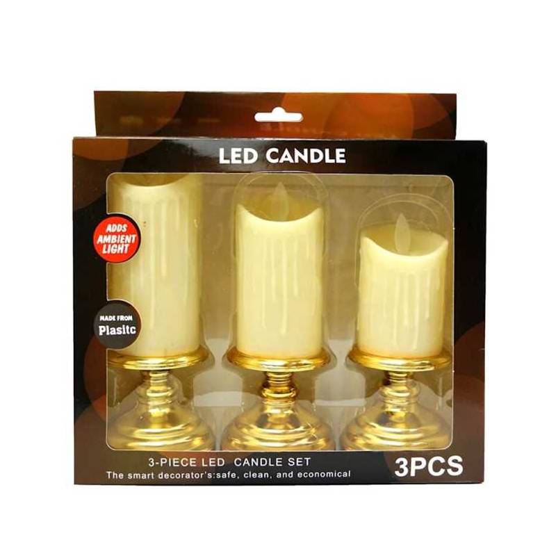 Lot de Trois Bougies dorées grand taille à piles sans flamme à LED en plastique