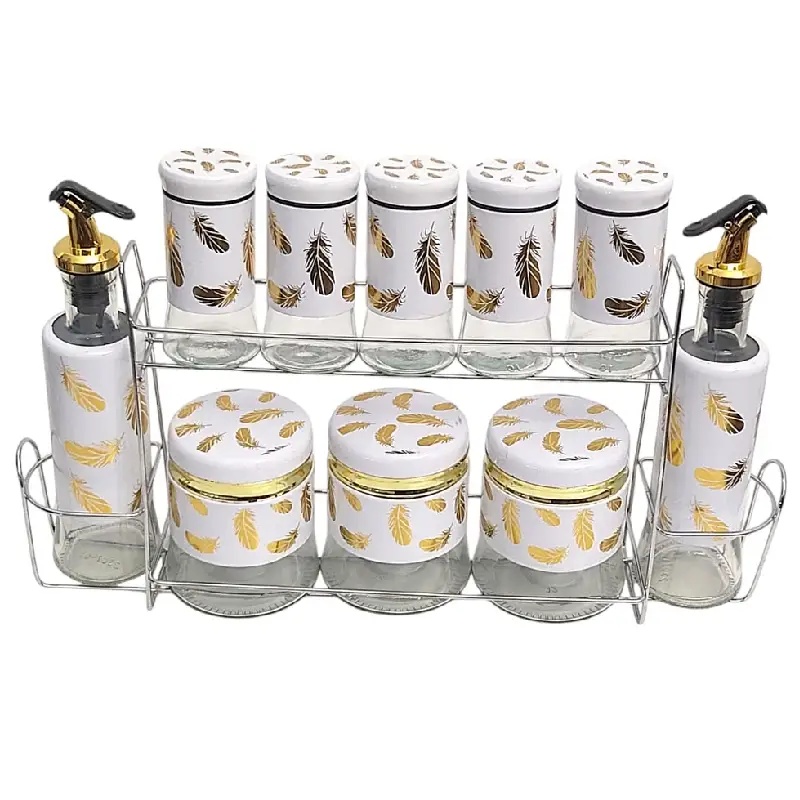 Ensemble de pots épices 8 piéces + 2 Huiliéres en verre motif plume dorée avec support métallique -Blanc