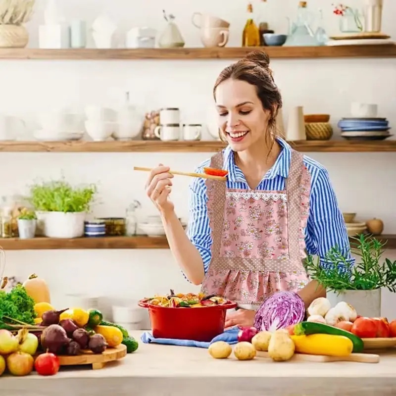 Tablier de cuisine en toile de coton motif floral pour femme-Rose