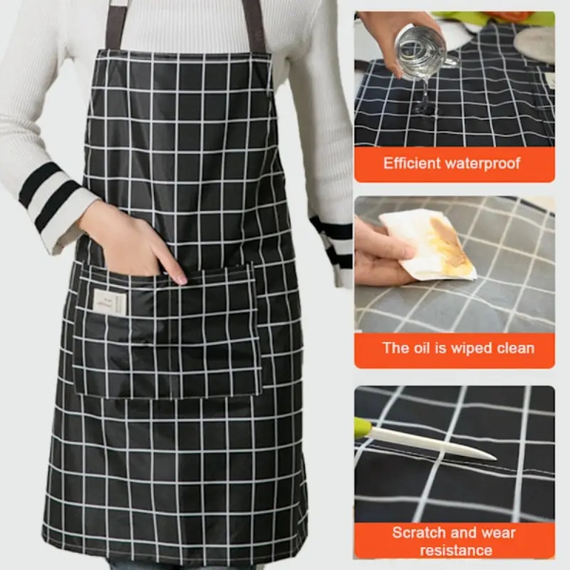 Tablier de cuisine imperméable avec poches pour femme-Noir