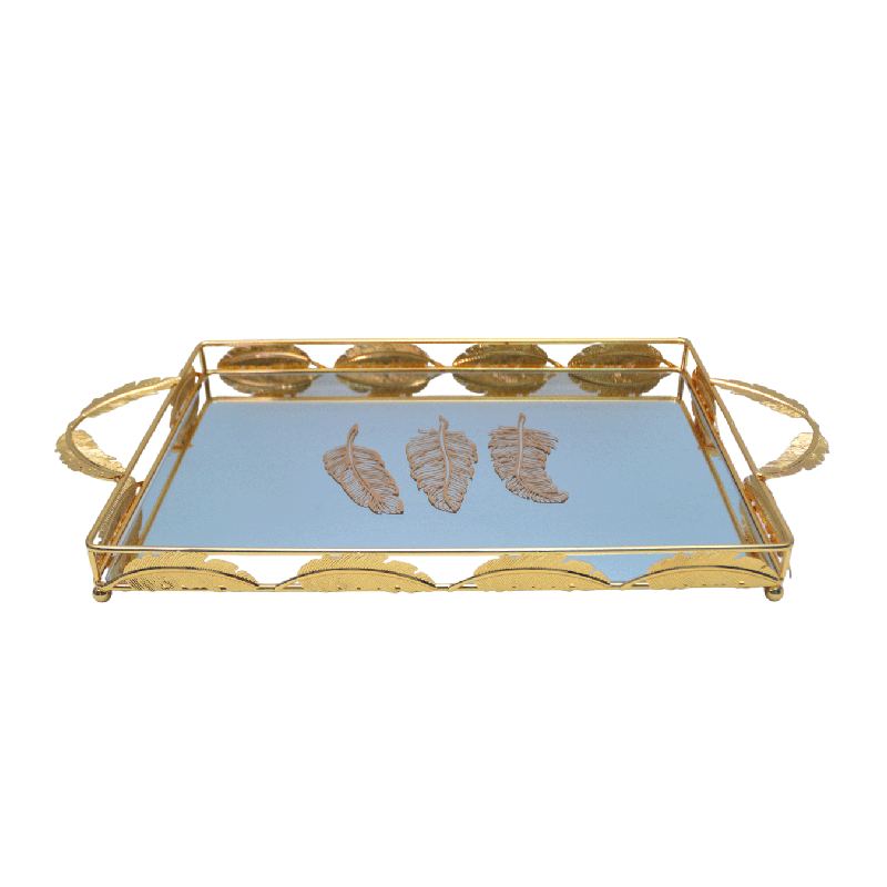 Plateau De Décoration Doré Motif Plume 47 X 22.5 Cm