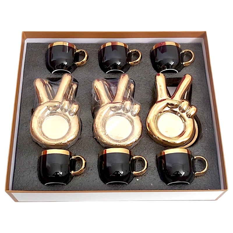 Service à Café Noir & Doré – 6 Tasses + 6 Sous-Tasses "Peace" – 10 cl