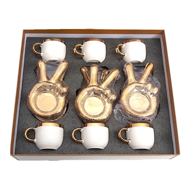 Service à Café de Luxe 6 Tasses + 6 Sous-Tasses – Design "Peace" – Céramique Blanc & Doré – 10 cl
