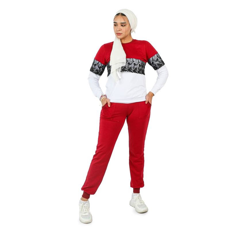 Jogging femme rouge avec dentelle