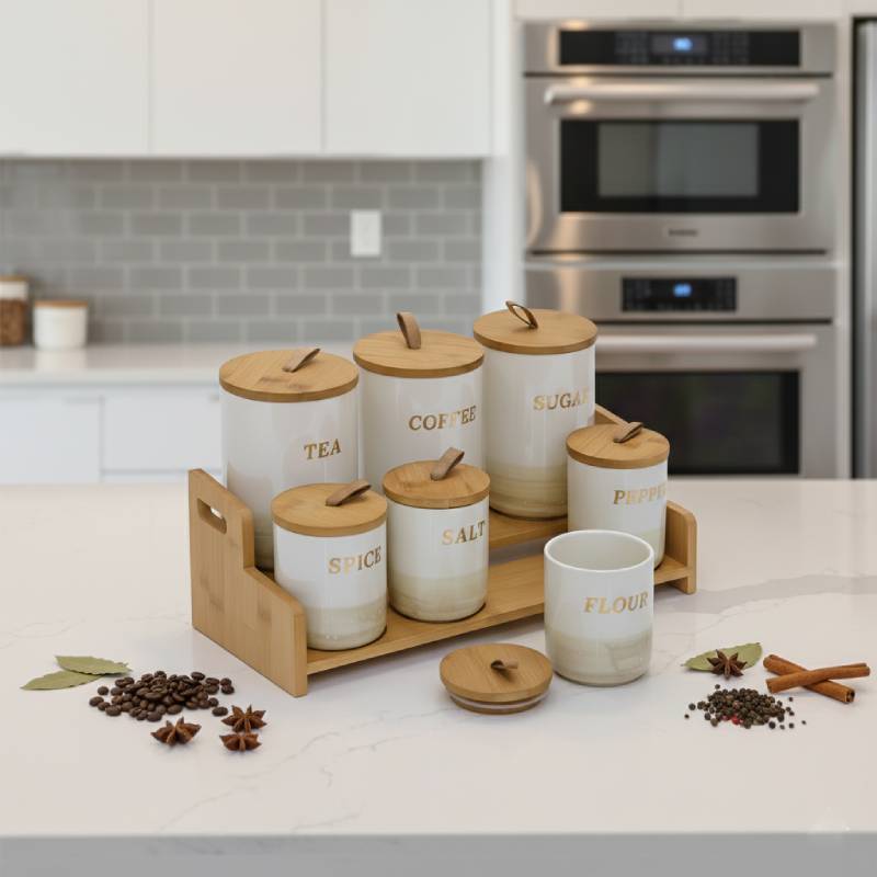 Porte Epices En Céramique 7 Pots Avec Support En Bois- Golden House