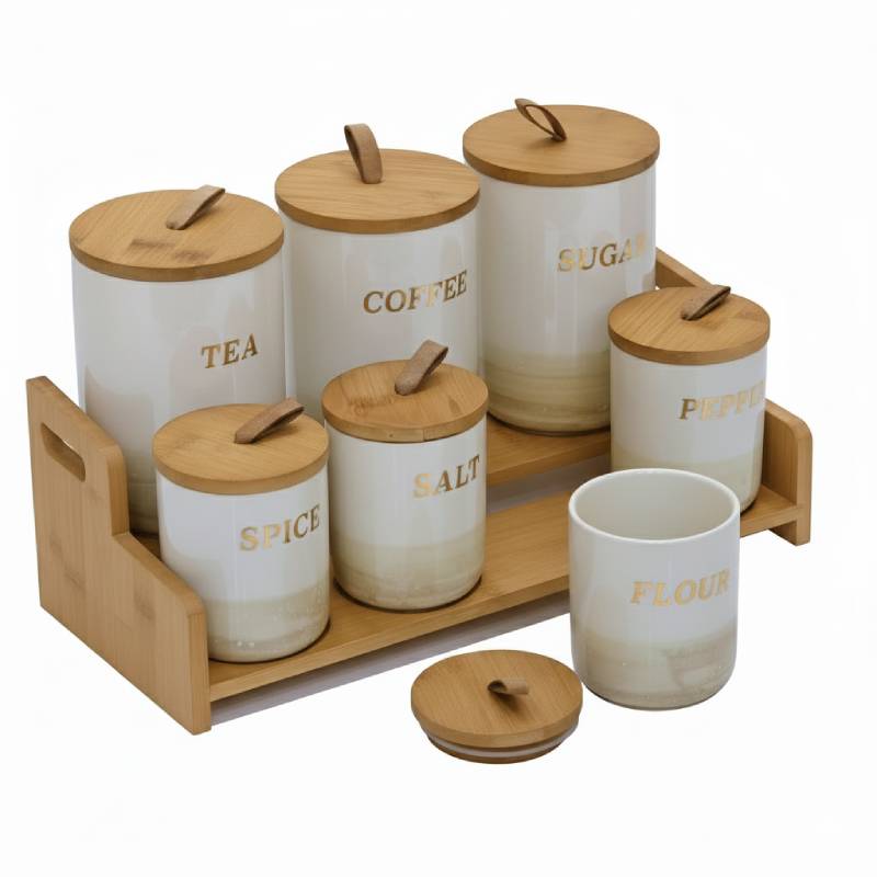 Porte Epices En Céramique 7 Pots Avec Support En Bois- Golden House