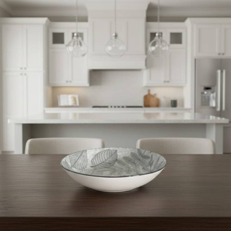 Service de Table 12 Pièces en Porcelaine – Motif Feuilles Gris