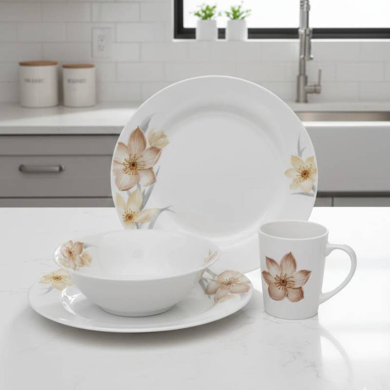 Service à Table 12 Pièces en Porcelaine - Floral Beige