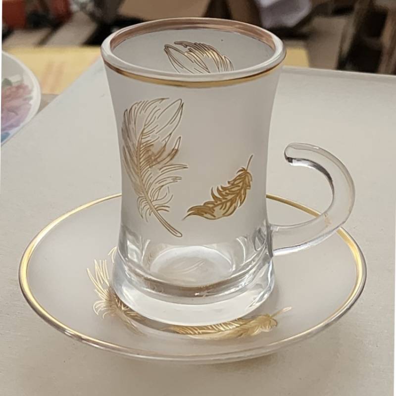 Lot De 6 Verres à Thé Avec Sous-Tasses - Motif Plumes Dorées