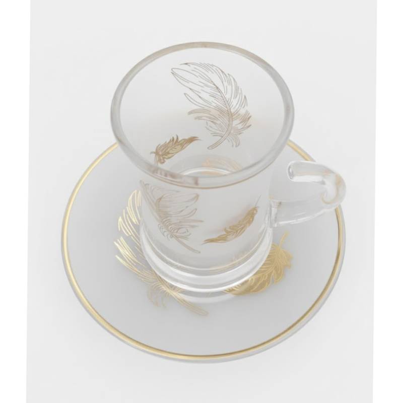 Lot De 6 Verres à Thé Avec Sous-Tasses - Motif Plumes Dorées