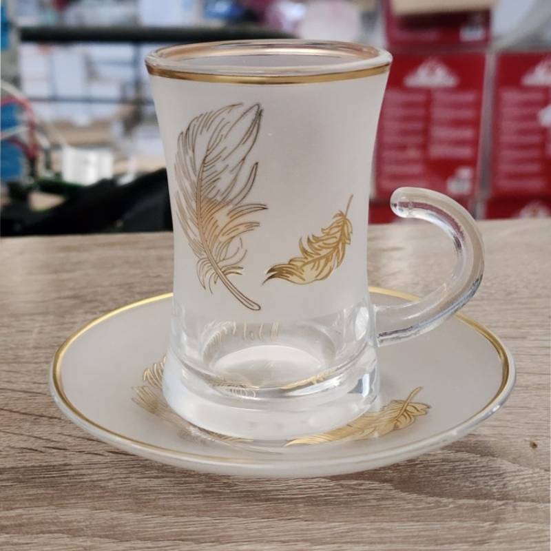 Lot De 6 Verres à Thé Avec Sous-Tasses - Motif Plumes Dorées