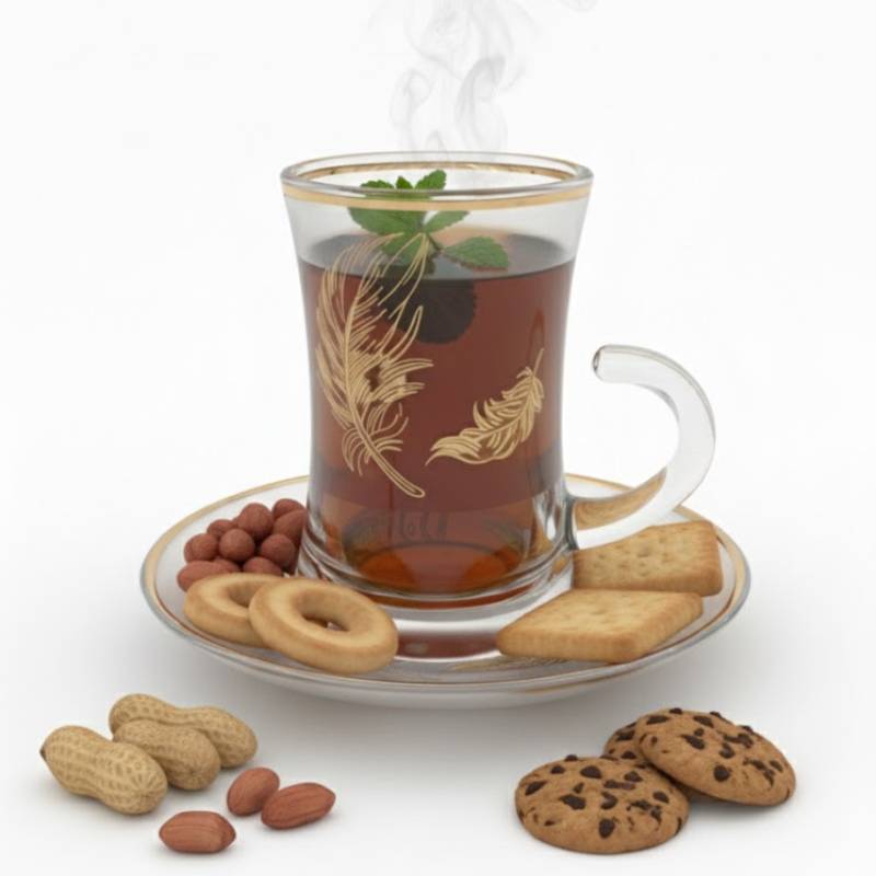 Lot De 6 Verres à Thé Avec Sous-Tasses - Motif Plumes Dorées