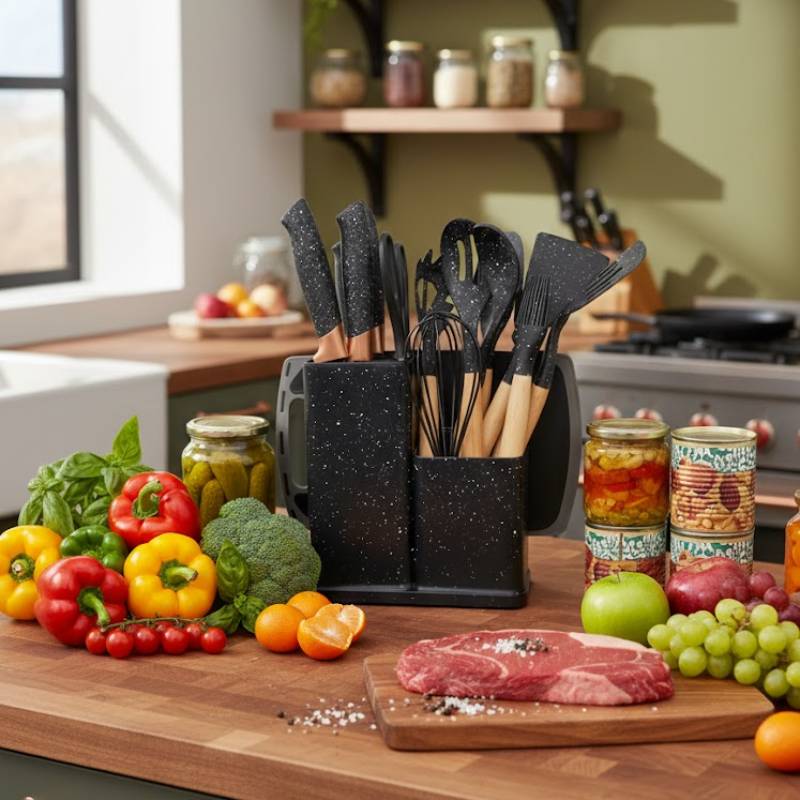 Set d'ustensiles de cuisine 19 pièces en silicone - Noir