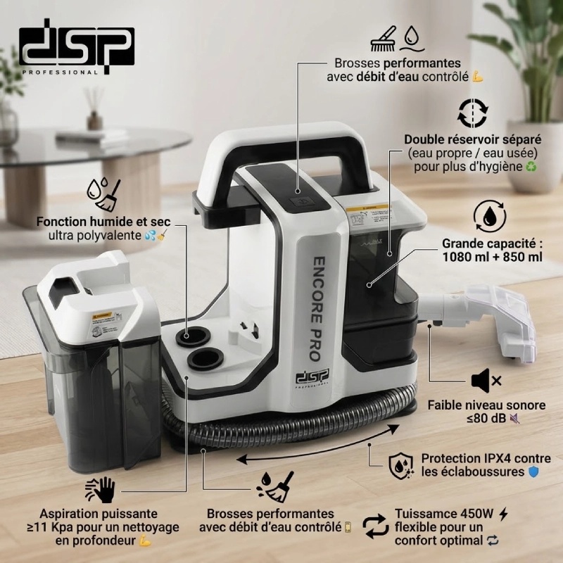 Aspirateur portable électrique DSP humide et sec avec deux résarvoires 1080 et 850 ml- 450W
