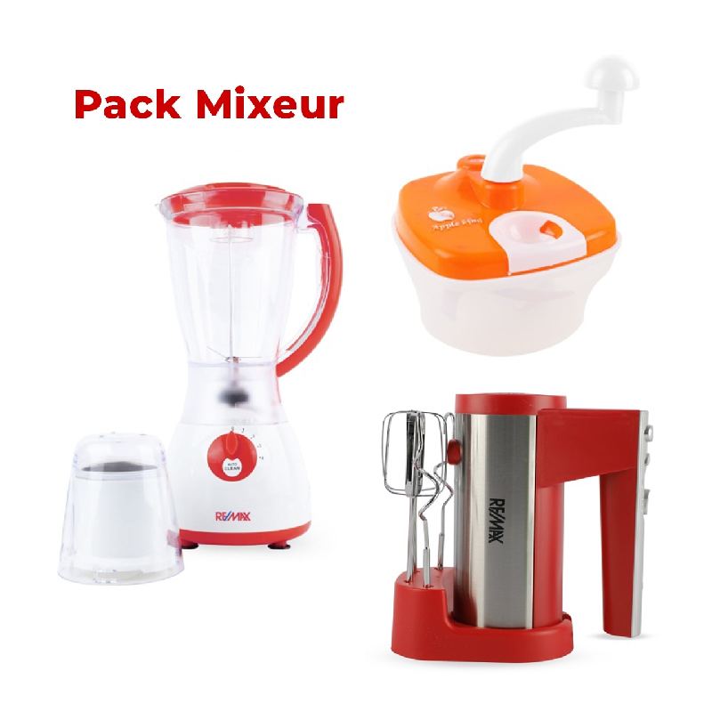 Pack Mixeur: Blender 350 W , Batteur À Main 200 W Remax Rouge et Hachoir À Légumes