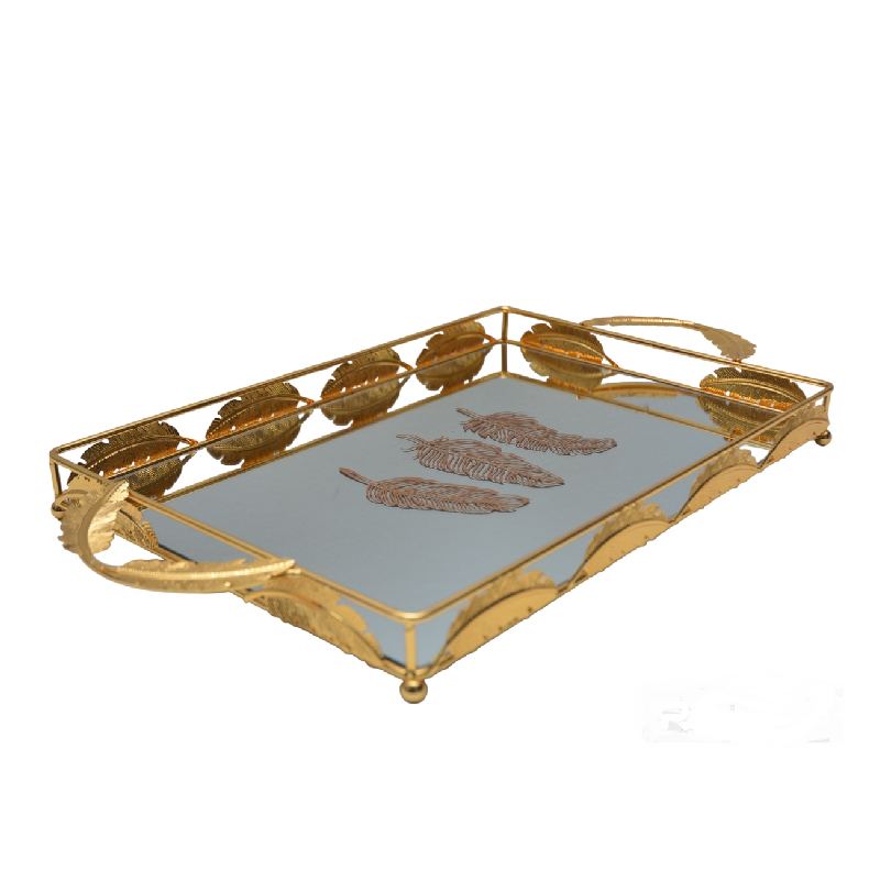 Plateau De Décoration Doré Motif Plume 34 X 22 Cm
