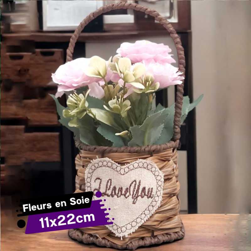 Panier Florale Artificiel avec des Fleurs Rose Dragée