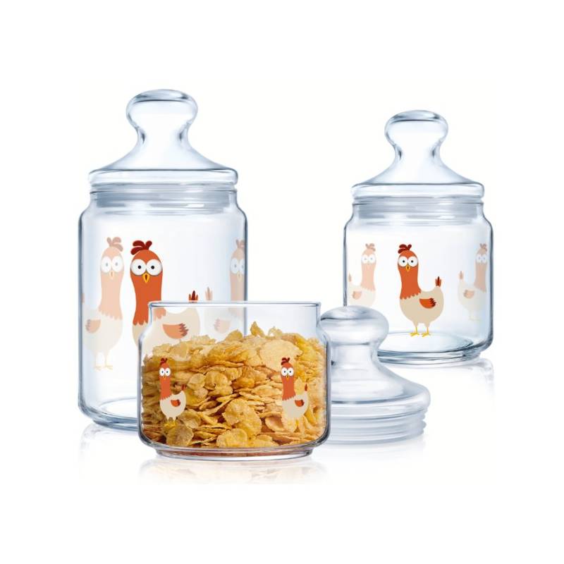 Ensemble de 3 Bocaux Hermétiques en Verre LUMINARC Motif POULE (1000 ml, 750 ml, 500 ml)