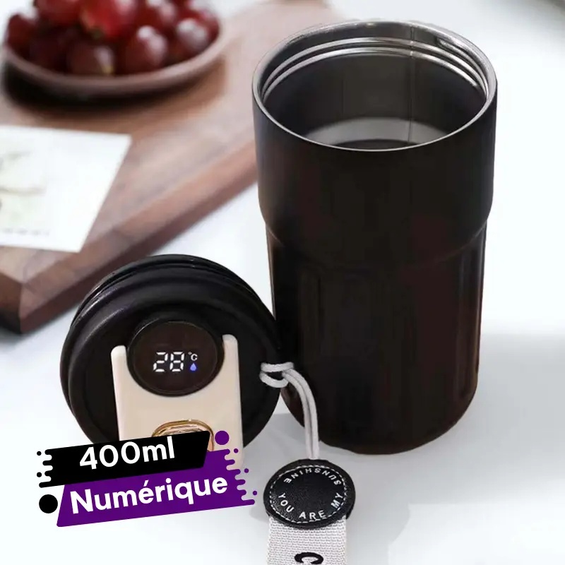 Tasse à Café Numérique avec Affichage de la Température LED en Acier Inoxydable Noir