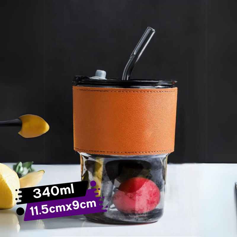[TVRP-GO-Noir] Tasse en Verre avec Paille et Couvercle Antifuite-340 ml (Noir)