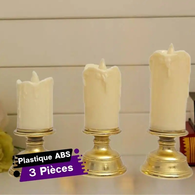 Lot de Trois Bougies dorées à piles sans flamme à LED en plastique