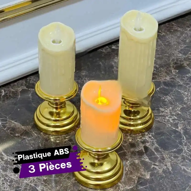 Lot de Trois Bougies dorées grand taille à piles sans flamme à LED en plastique