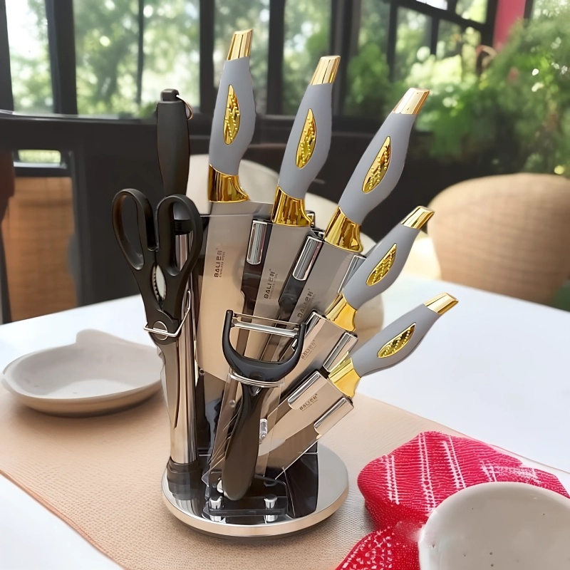 Couteaux de Cuisine BALI 9 Pièces avec Poignée en Gris et Doré