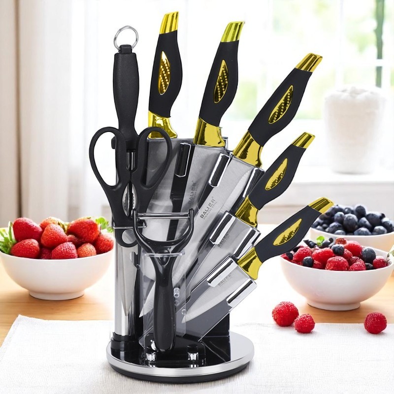 Bloc Couteaux de Cuisine BALI 9 Pièces avec Poignée en Noir et Doré