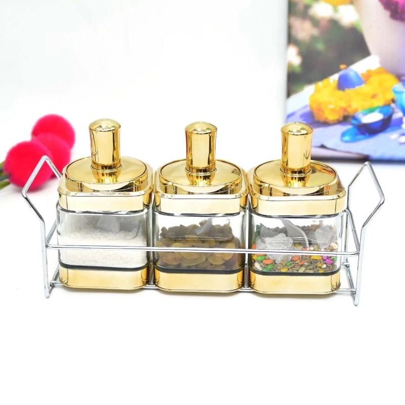 Ensemble de 3 bocaux alimentaires en verre avec une cuillère-Doré