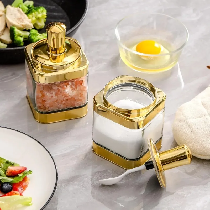 [EBAV-3GO-Doré] Ensemble de 3 bocaux alimentaires en verre avec une cuillère-Doré