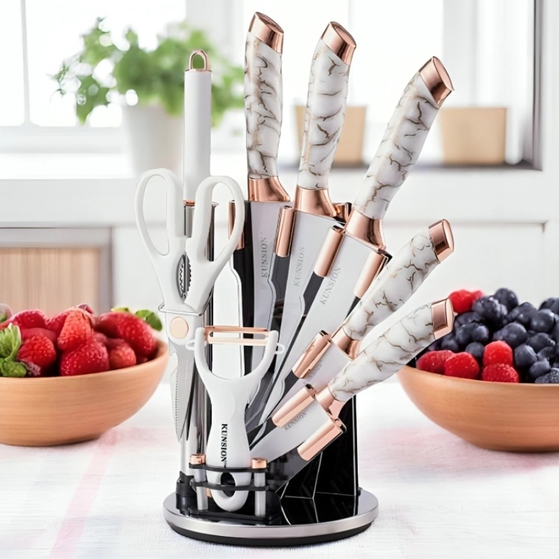 [BK-9GO-Blanc] Ensemble de 8 Ustensiles de Cuisine KUNSION en Acier Inoxydable avec Un Support Rotatif - Blanc & Or Rose