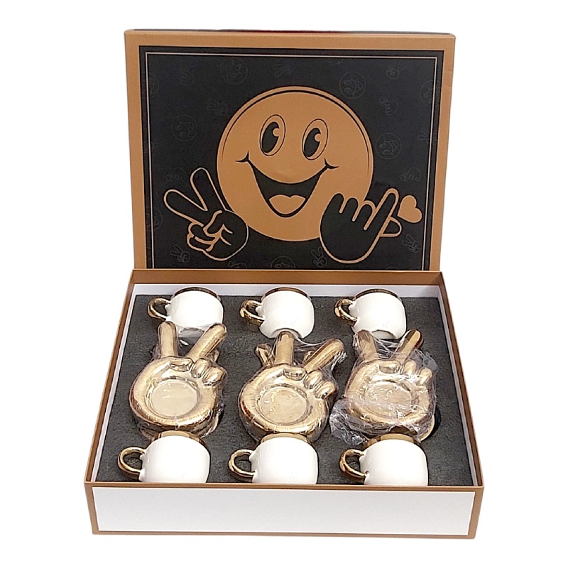 Service à Café de Luxe 6 Tasses + 6 Sous-Tasses – Design "Peace" – Céramique Blanc & Doré – 10 cl