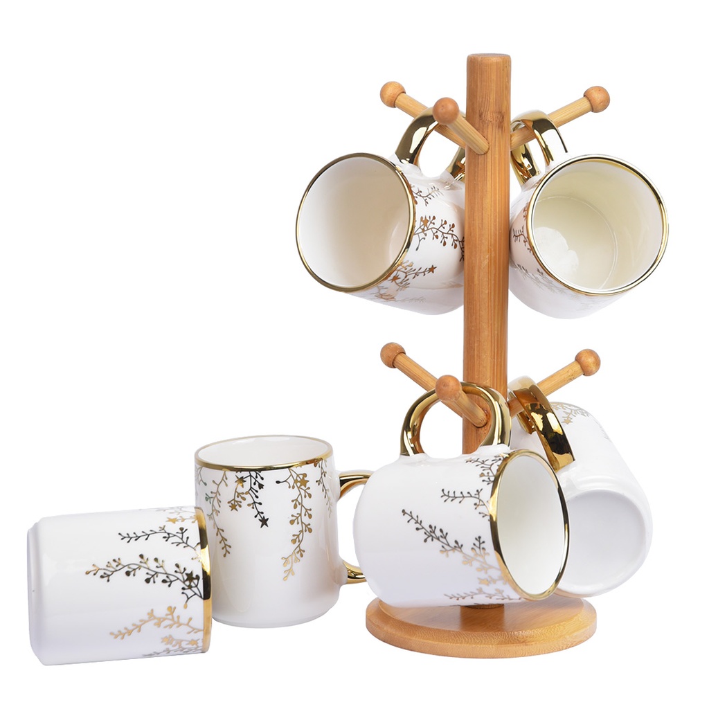 Lot de 6 Mugs avec Support en Bois