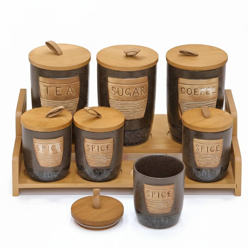 [PEC7B-GO-Motif1] Porte Epices En Céramique 7 Pots Avec Support En Bois- Golden House