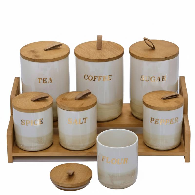 [PEC7B-GO-Motif3] Porte Epices En Céramique 7 Pots Avec Support En Bois- Golden House