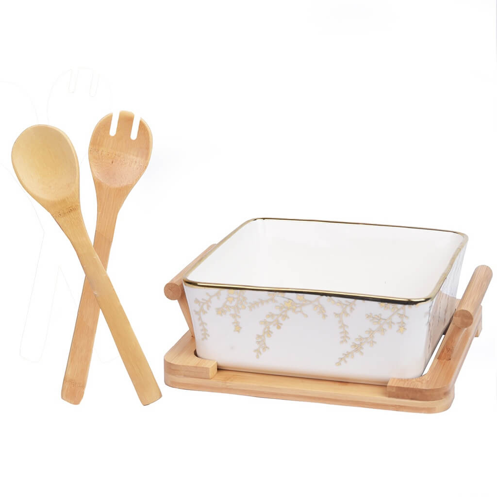 Saladier En Porcelaine Avec Support En Bois