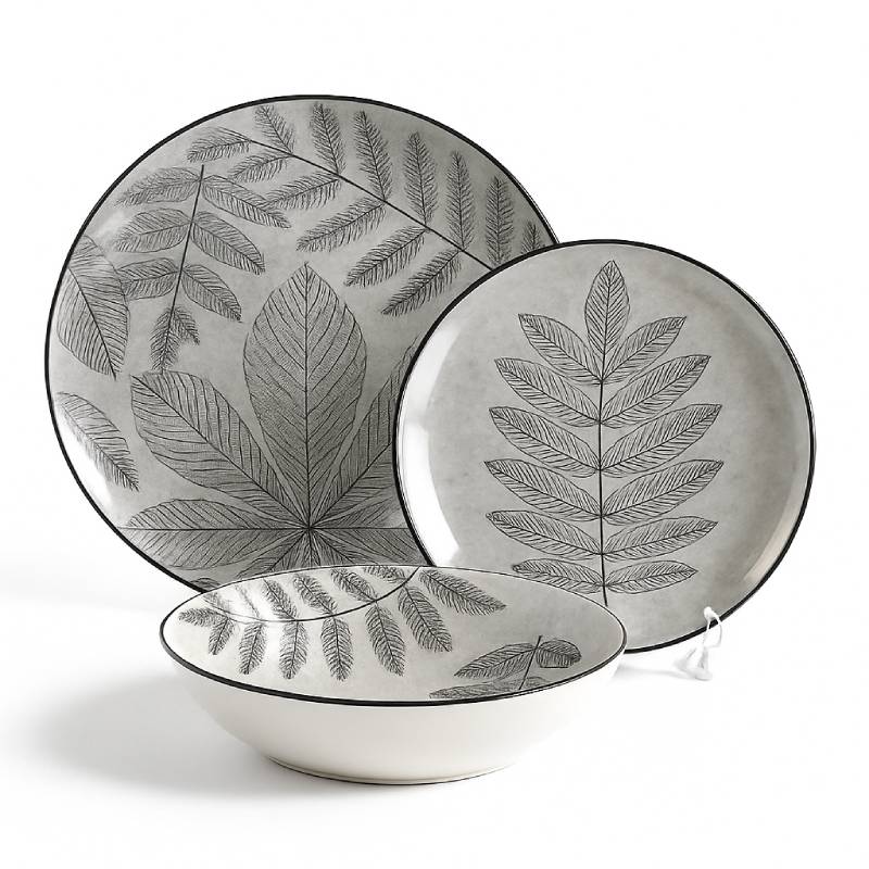 [SRV12-GO-Gris] Service de Table 12 Pièces en Porcelaine – Motif Feuilles Gris