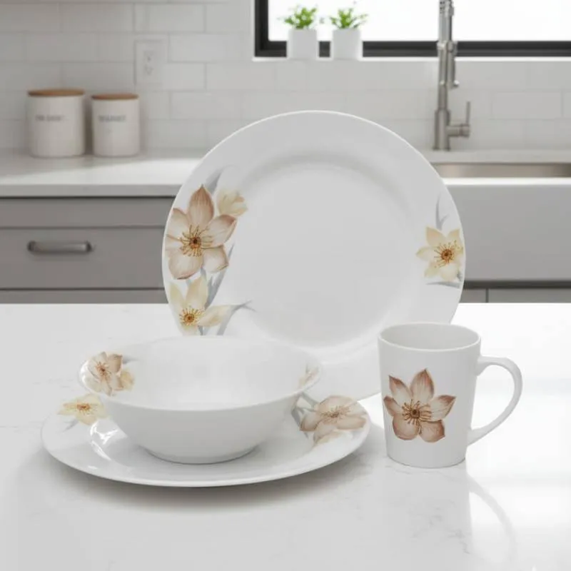 [SRV12-FBGO] Service à Table 12 Pièces en Porcelaine - Floral Beige