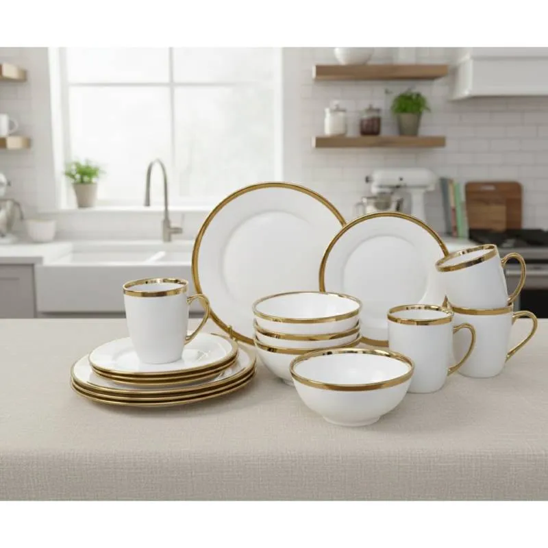[SRV16-GO-Motif 2] Service de Table 16 Pièces en Porcelaine - Royal Gold Line