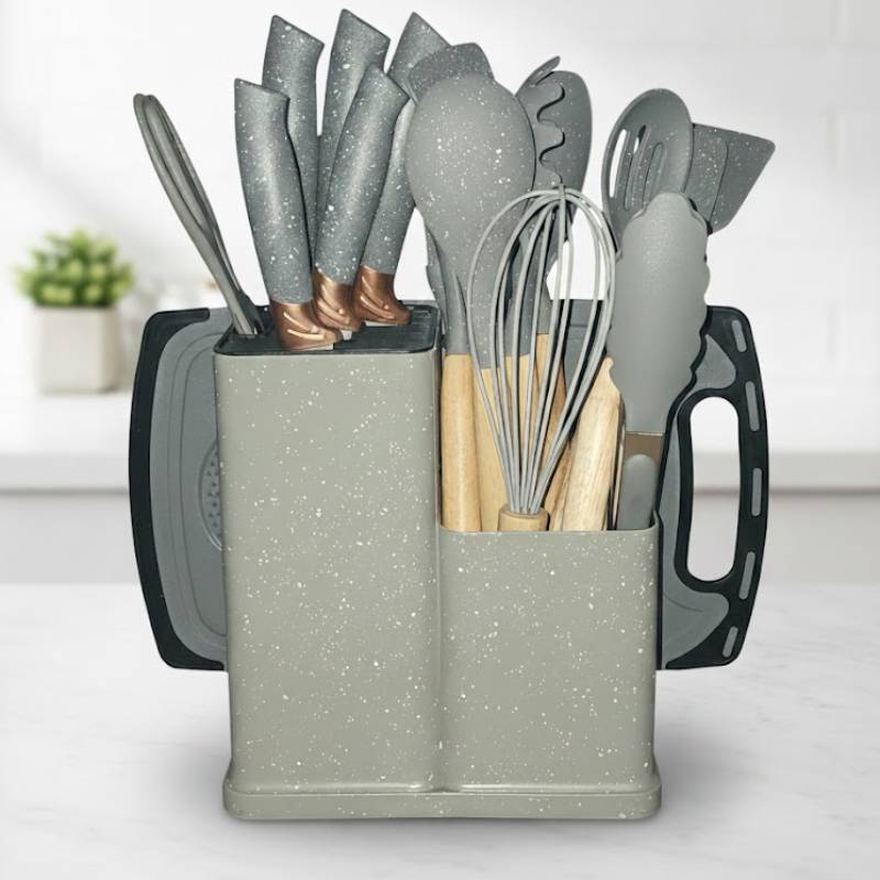 Set d'ustensiles de cuisine 19 pièces en silicone - Gris